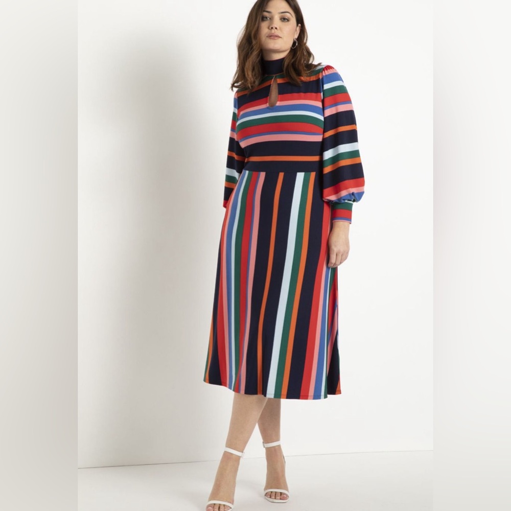 Eloquii striped A-line dress with puff sleeves